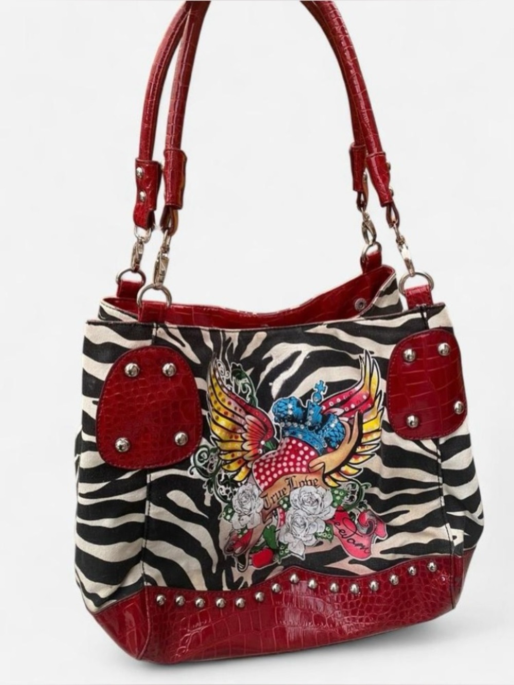 Y2k Zebra Print Purse with Red Accents & Graphic Tattoo Design & Rhinestones